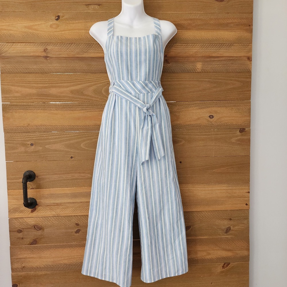 MAJORELLE Francis Jumpsuit in blue white stripes halter top chambray size S